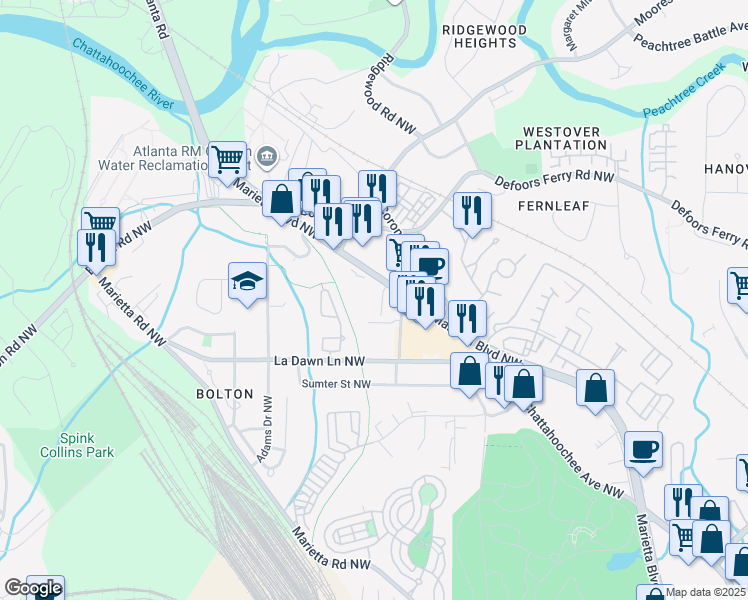 map of restaurants, bars, coffee shops, grocery stores, and more near 2284 Marietta Boulevard Northwest in Atlanta