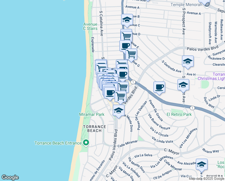 map of restaurants, bars, coffee shops, grocery stores, and more near 1728 South Catalina Avenue in Redondo Beach