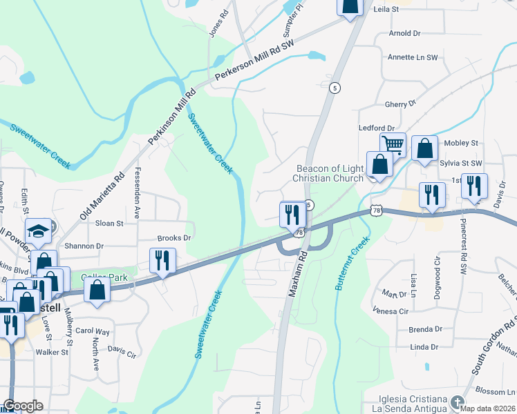 map of restaurants, bars, coffee shops, grocery stores, and more near 3145 Landington Drive in Austell