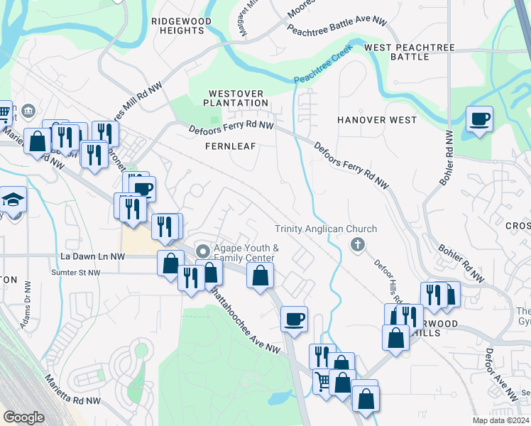 map of restaurants, bars, coffee shops, grocery stores, and more near 1469 Liberty Parkway Northwest in Atlanta