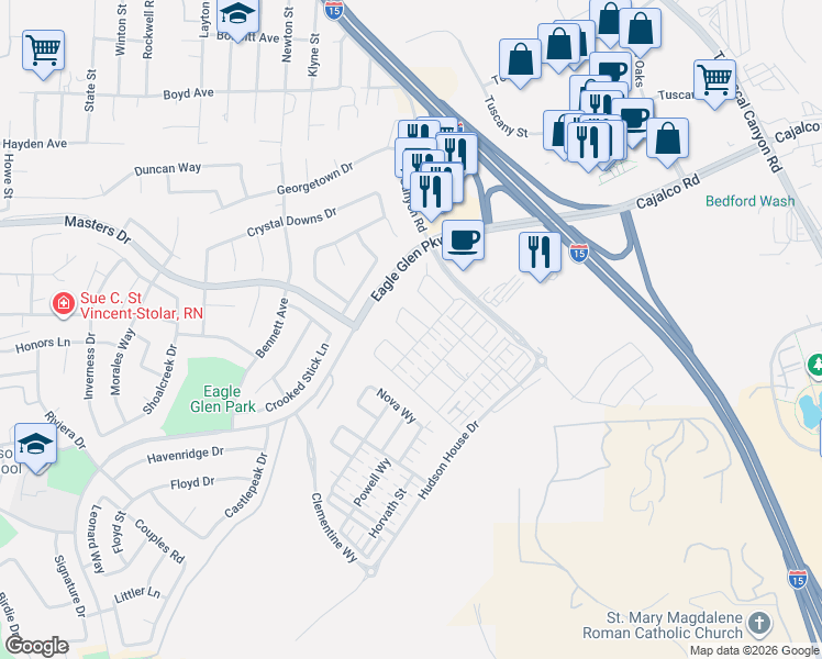 map of restaurants, bars, coffee shops, grocery stores, and more near Cajalco Road in Corona