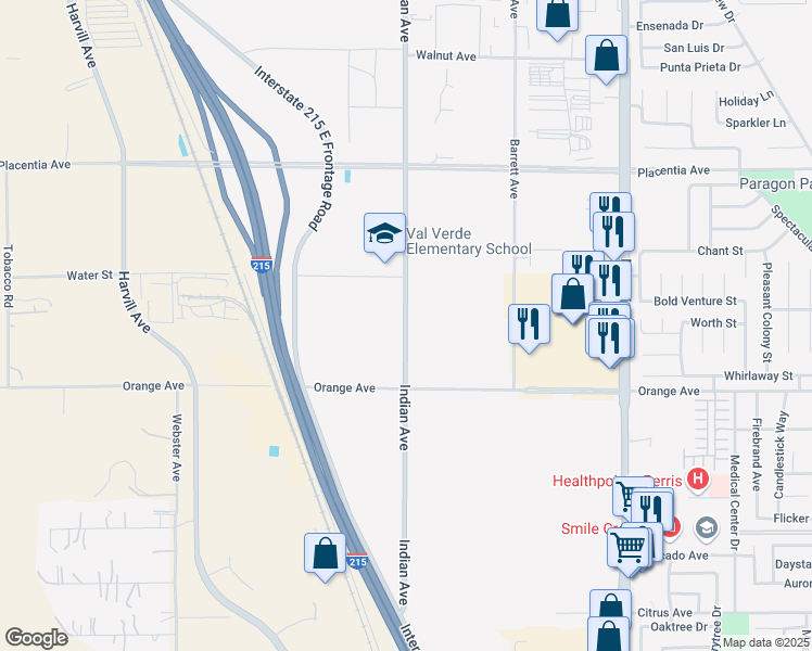 map of restaurants, bars, coffee shops, grocery stores, and more near 2656 Indian Avenue in Perris
