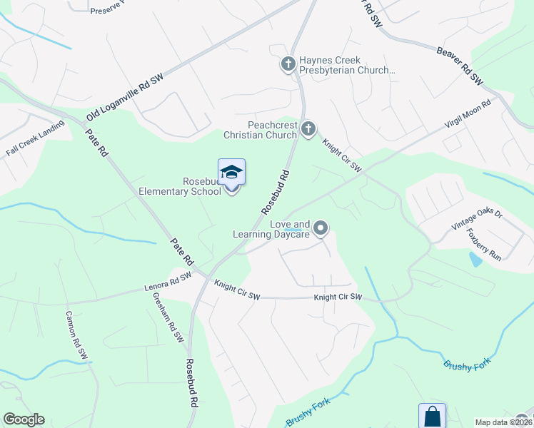 map of restaurants, bars, coffee shops, grocery stores, and more near 4158 Rosebud Road Southwest in Loganville