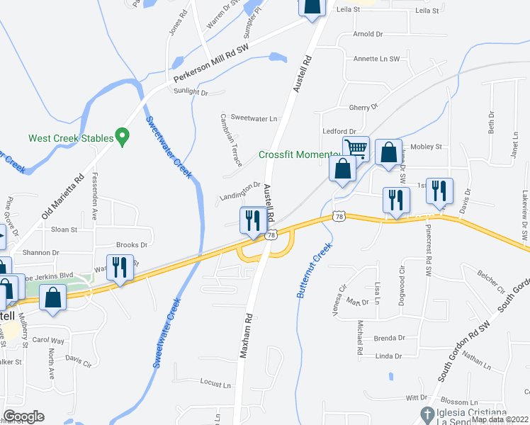 map of restaurants, bars, coffee shops, grocery stores, and more near 5065 Landover Way in Austell