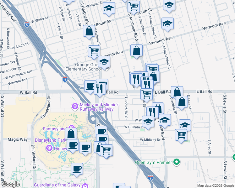 map of restaurants, bars, coffee shops, grocery stores, and more near 328 West Ball Road in Anaheim