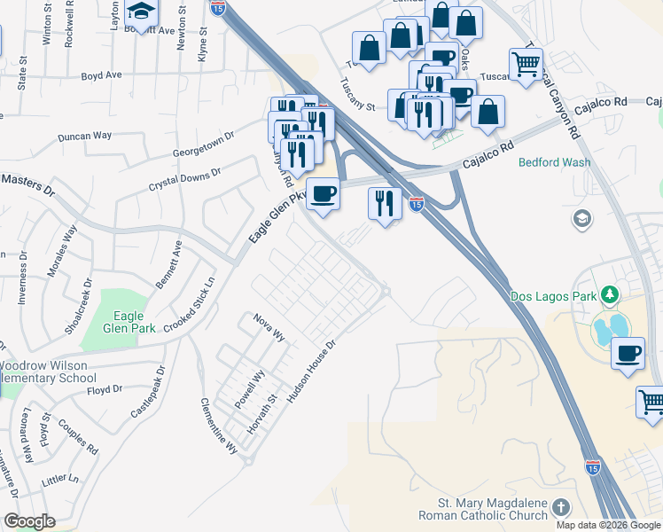 map of restaurants, bars, coffee shops, grocery stores, and more near 3956 Lavine Way in Corona