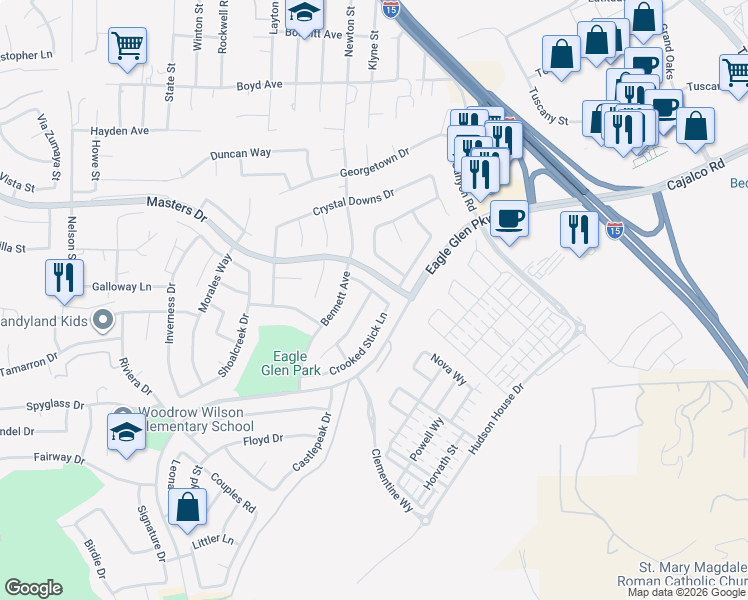 map of restaurants, bars, coffee shops, grocery stores, and more near 4107 Forest Highlands Circle in Corona