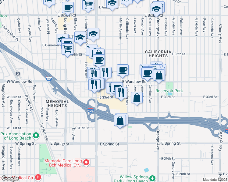 map of restaurants, bars, coffee shops, grocery stores, and more near 3317 Myrtle Avenue in Signal Hill