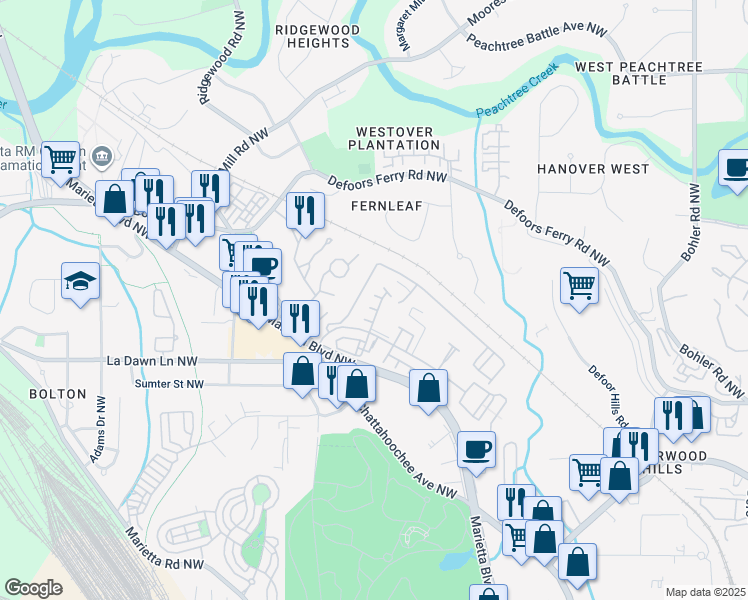 map of restaurants, bars, coffee shops, grocery stores, and more near 2095 Liberty Court Northwest in Atlanta