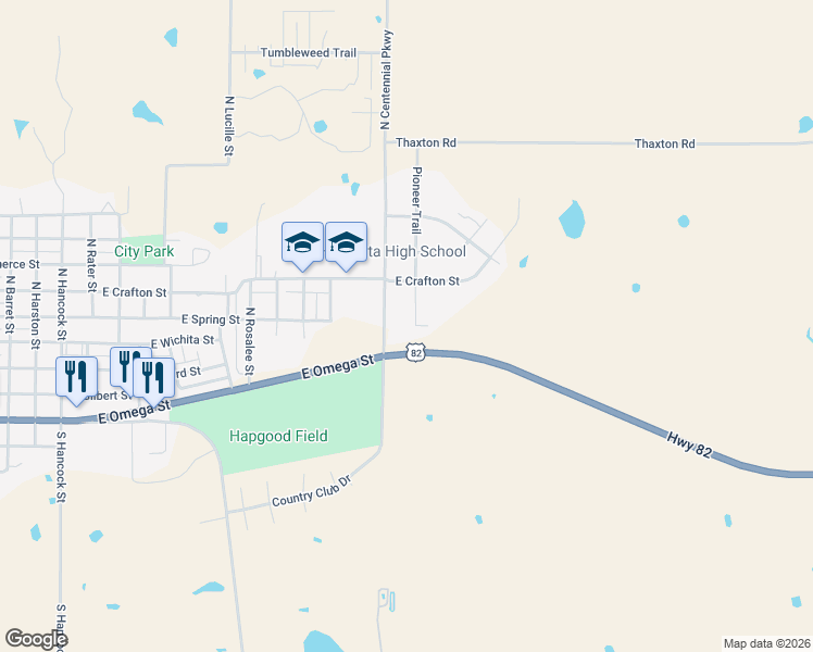 map of restaurants, bars, coffee shops, grocery stores, and more near 1289 US Highway 82 in Henrietta