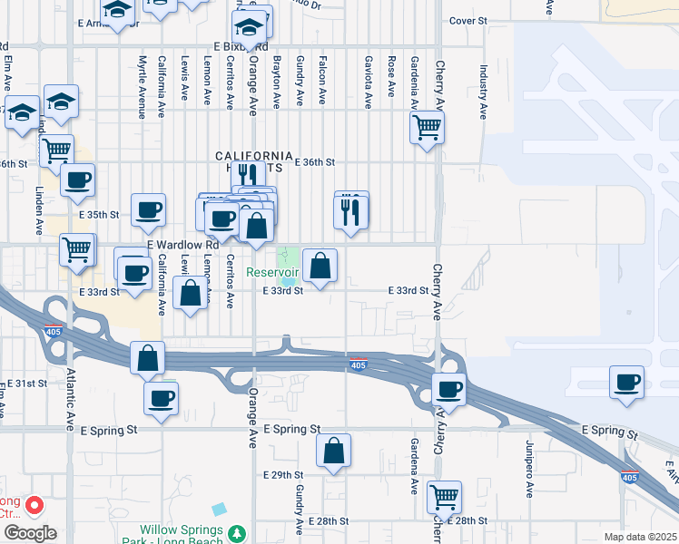 map of restaurants, bars, coffee shops, grocery stores, and more near 3316 Falcon Avenue in Signal Hill