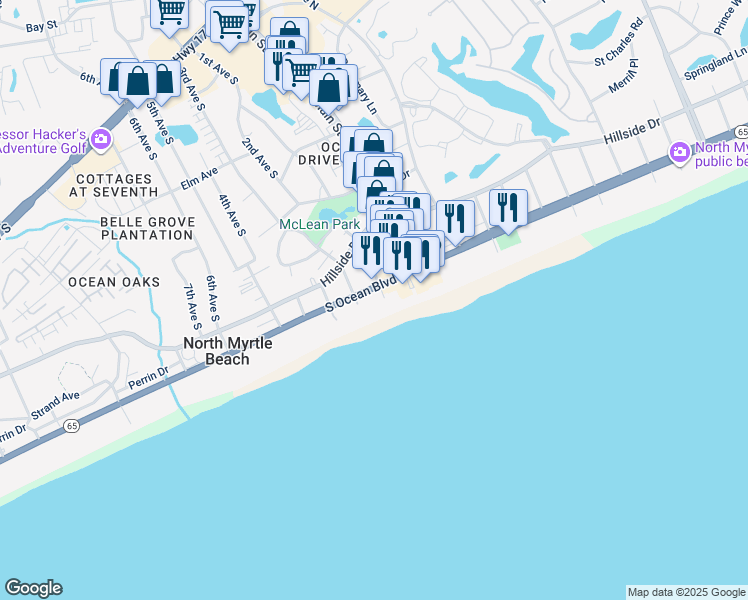 map of restaurants, bars, coffee shops, grocery stores, and more near 105 South Ocean Boulevard in North Myrtle Beach