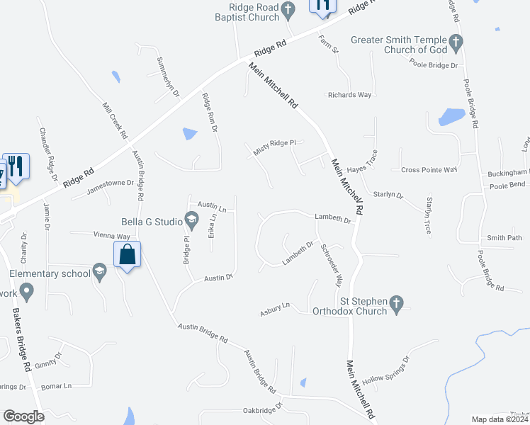 map of restaurants, bars, coffee shops, grocery stores, and more near 26 Byron Court in Hiram