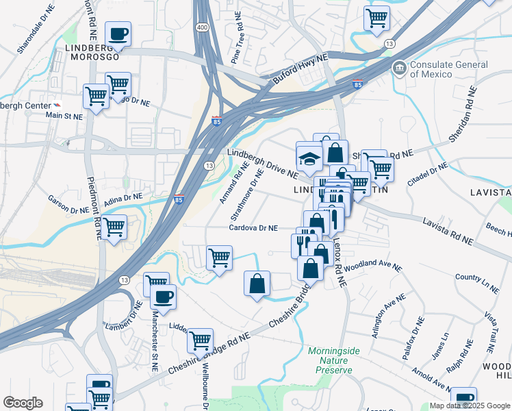 map of restaurants, bars, coffee shops, grocery stores, and more near 2298 Pembrook Place Northeast in Atlanta