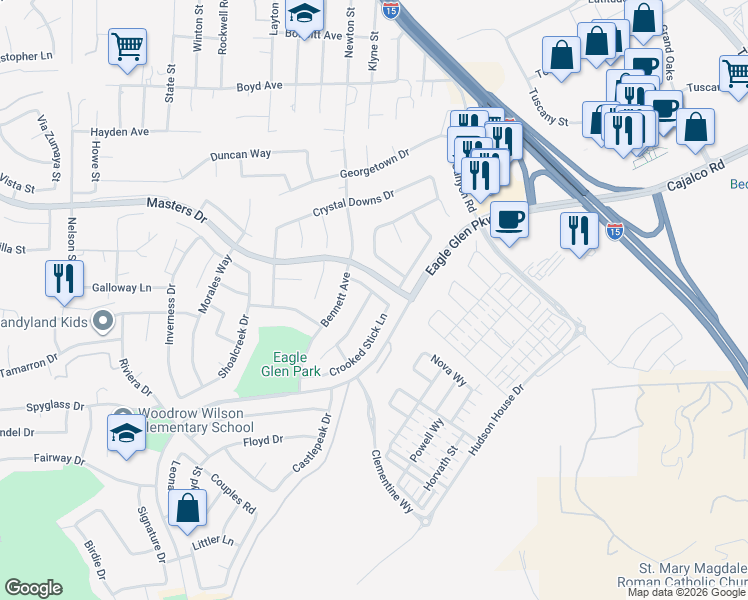 map of restaurants, bars, coffee shops, grocery stores, and more near 4107 Forest Highlands Circle in Corona