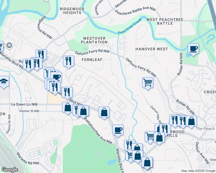 map of restaurants, bars, coffee shops, grocery stores, and more near 1477 Liberty Parkway Northwest in Atlanta