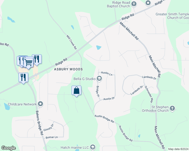 map of restaurants, bars, coffee shops, grocery stores, and more near 241 Bridge Place in Douglasville