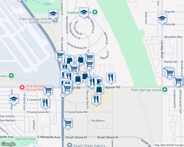map of restaurants, bars, coffee shops, grocery stores, and more near 70 Lakeview Circle in Cathedral City