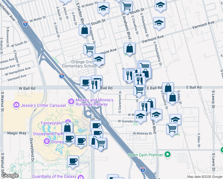 map of restaurants, bars, coffee shops, grocery stores, and more near 315 West Berry Avenue in Anaheim