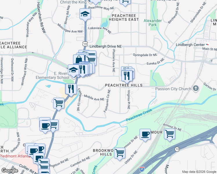 map of restaurants, bars, coffee shops, grocery stores, and more near 129 Peachtree Hills Avenue Northeast in Atlanta