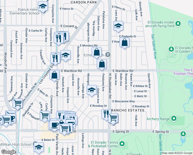 map of restaurants, bars, coffee shops, grocery stores, and more near 6749 East Premium Street in Long Beach