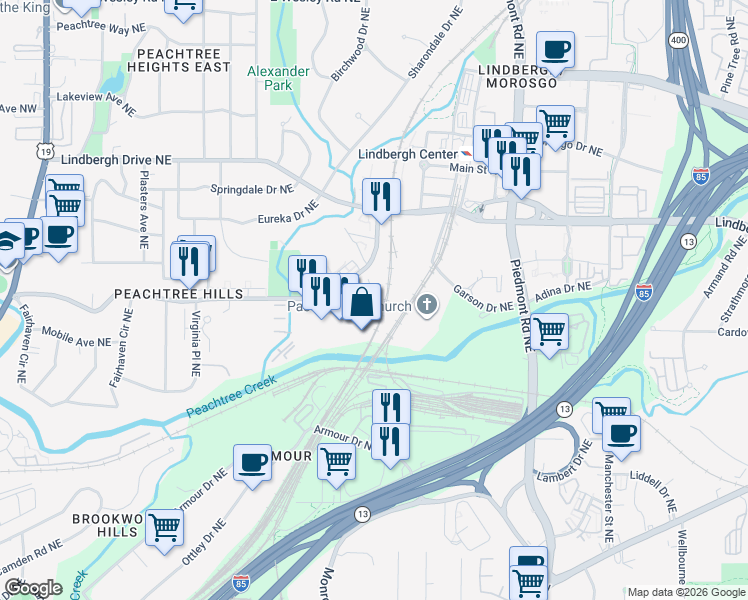 map of restaurants, bars, coffee shops, grocery stores, and more near 425 Peachtree Hills Avenue Northeast in Atlanta