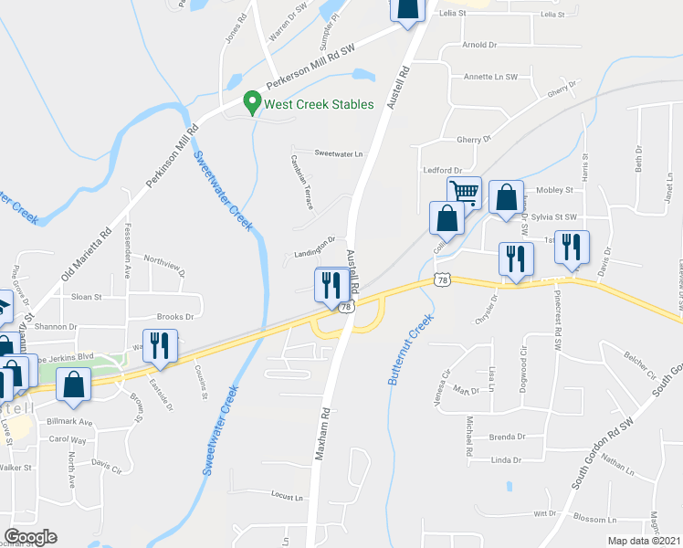 map of restaurants, bars, coffee shops, grocery stores, and more near 5045 Landover Way in Austell
