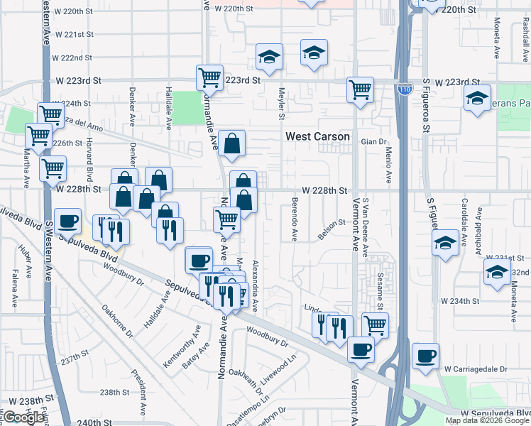 map of restaurants, bars, coffee shops, grocery stores, and more near 1126 West 228th Street in Torrance