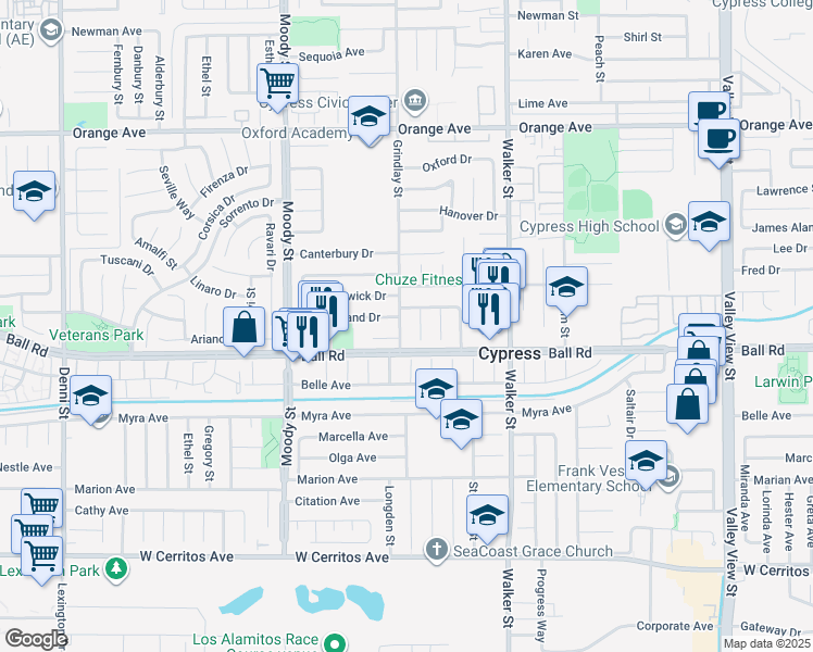 map of restaurants, bars, coffee shops, grocery stores, and more near 9970 Grindlay Street in Cypress
