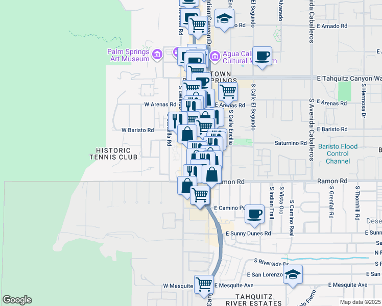 map of restaurants, bars, coffee shops, grocery stores, and more near 415 South Palm Canyon Drive in Palm Springs