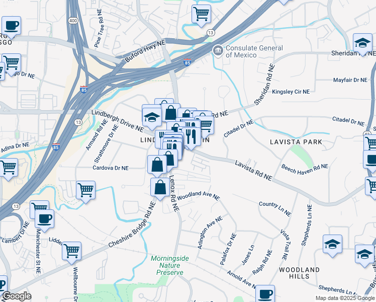 map of restaurants, bars, coffee shops, grocery stores, and more near 1155 Lavista Road Northeast in Atlanta
