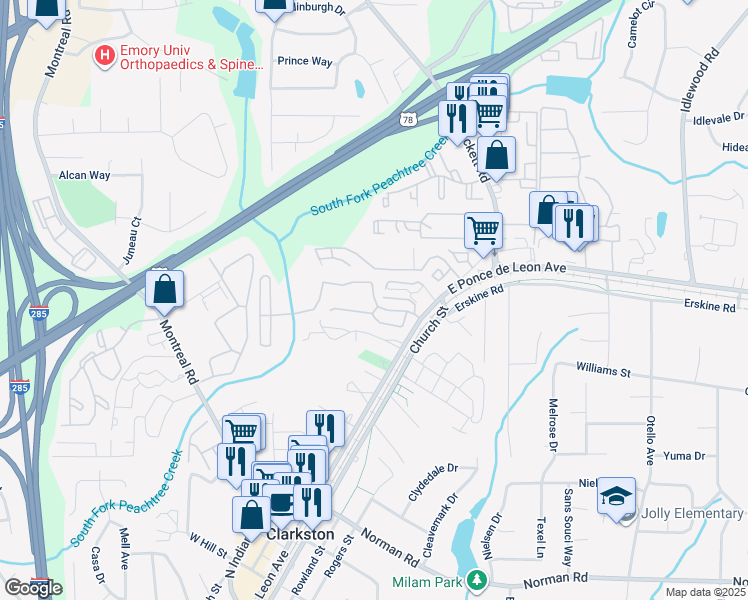 map of restaurants, bars, coffee shops, grocery stores, and more near 3708 Waterford Place in Clarkston