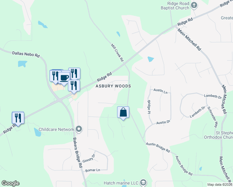 map of restaurants, bars, coffee shops, grocery stores, and more near 83 Roland Way in Douglasville