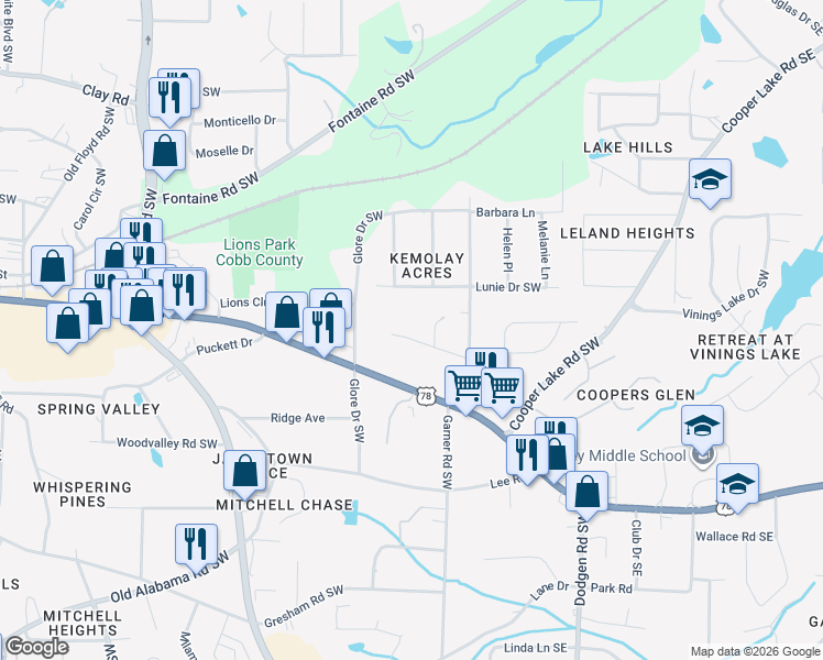map of restaurants, bars, coffee shops, grocery stores, and more near 376 Camilla Circle Southwest in Mableton