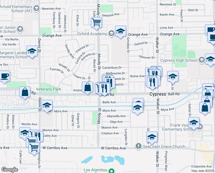 map of restaurants, bars, coffee shops, grocery stores, and more near 5068 Cumberland Drive in Cypress