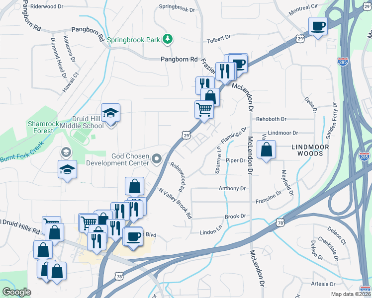 map of restaurants, bars, coffee shops, grocery stores, and more near 2993 Eltham Place in Decatur