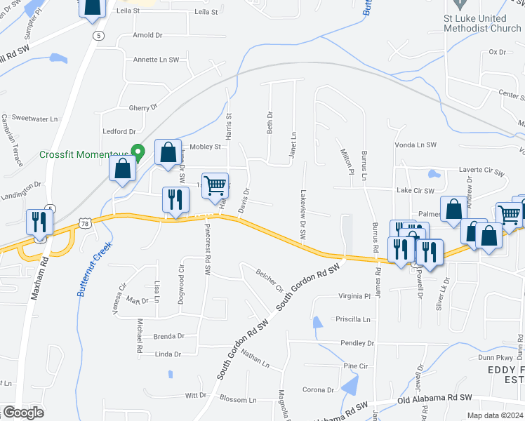 map of restaurants, bars, coffee shops, grocery stores, and more near 1743 Spring Road Southwest in Austell