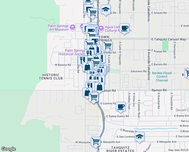map of restaurants, bars, coffee shops, grocery stores, and more near 424 California 111 Business in Palm Springs