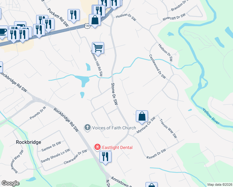 map of restaurants, bars, coffee shops, grocery stores, and more near 5015 Shadow Path Lane Southwest in Lilburn