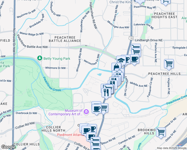 map of restaurants, bars, coffee shops, grocery stores, and more near 115 Peachtree Memorial Drive Northwest in Atlanta