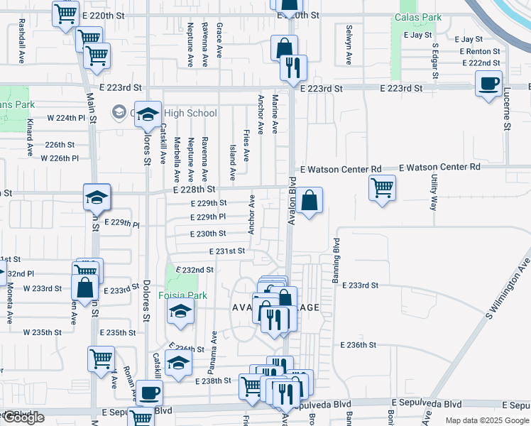 map of restaurants, bars, coffee shops, grocery stores, and more near 22946 Mission Drive in Carson