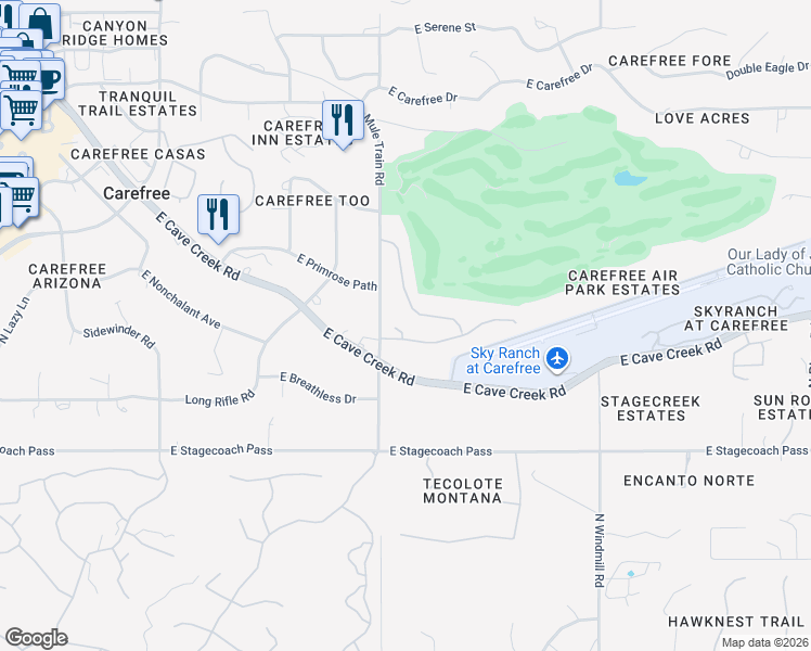 map of restaurants, bars, coffee shops, grocery stores, and more near 36601 Mule Train Road in Carefree
