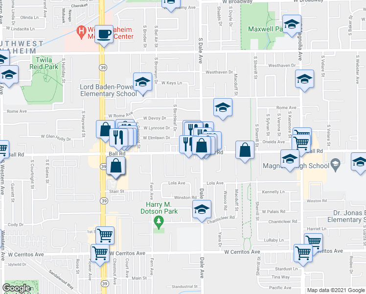 map of restaurants, bars, coffee shops, grocery stores, and more near 2818 Ball Road in Anaheim
