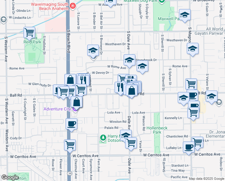 map of restaurants, bars, coffee shops, grocery stores, and more near 2832 West Ball Road in Anaheim