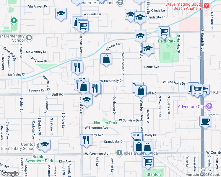 map of restaurants, bars, coffee shops, grocery stores, and more near 980 South Oakhaven Circle in Anaheim