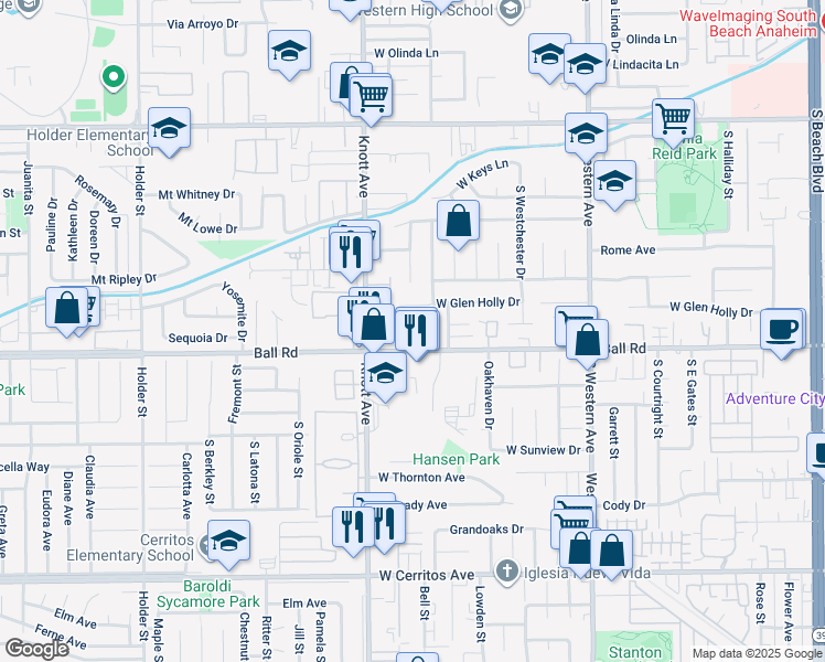 map of restaurants, bars, coffee shops, grocery stores, and more near 3427 West Ball Road in Anaheim