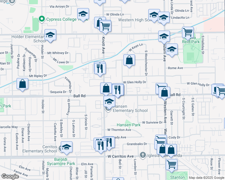 map of restaurants, bars, coffee shops, grocery stores, and more near 3427 West Ball Road in Anaheim
