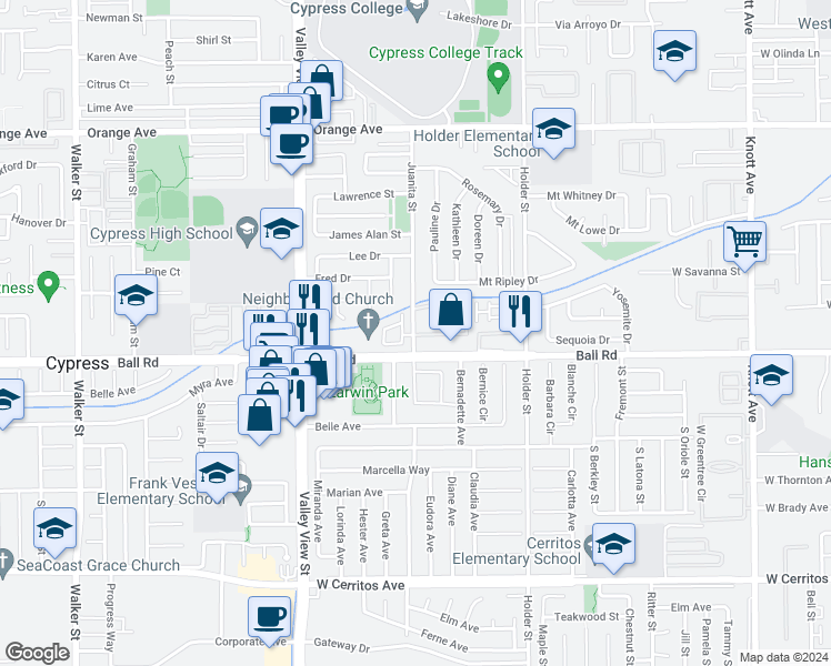 map of restaurants, bars, coffee shops, grocery stores, and more near in Cypress
