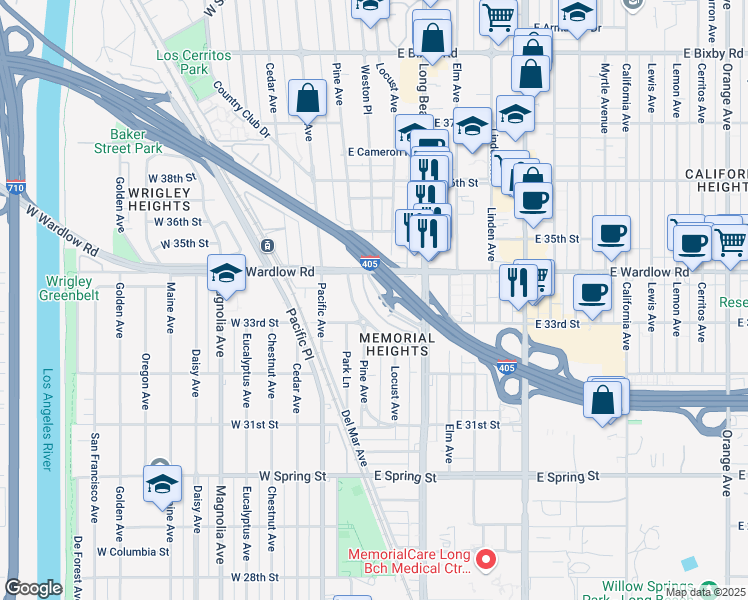 map of restaurants, bars, coffee shops, grocery stores, and more near 3347 1/2 North Crest Drive in Long Beach
