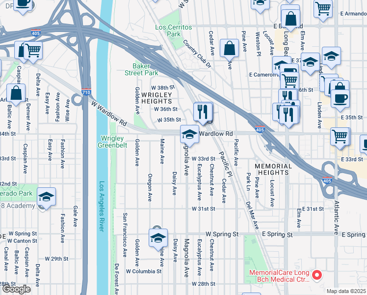 map of restaurants, bars, coffee shops, grocery stores, and more near 3319 Magnolia Avenue in Long Beach
